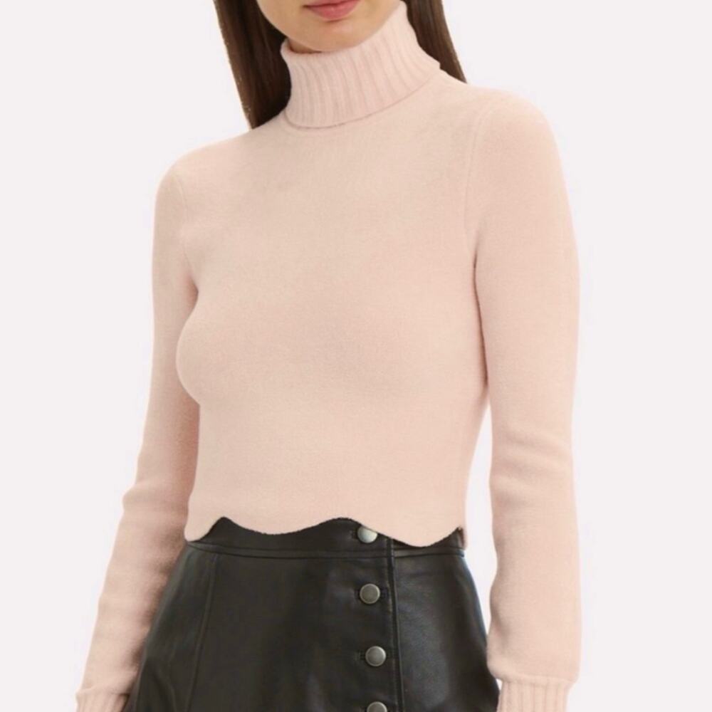 Ronny Kobo Baby Pink Cropped Scallop Hem Chenille Turtleneck Sweater M